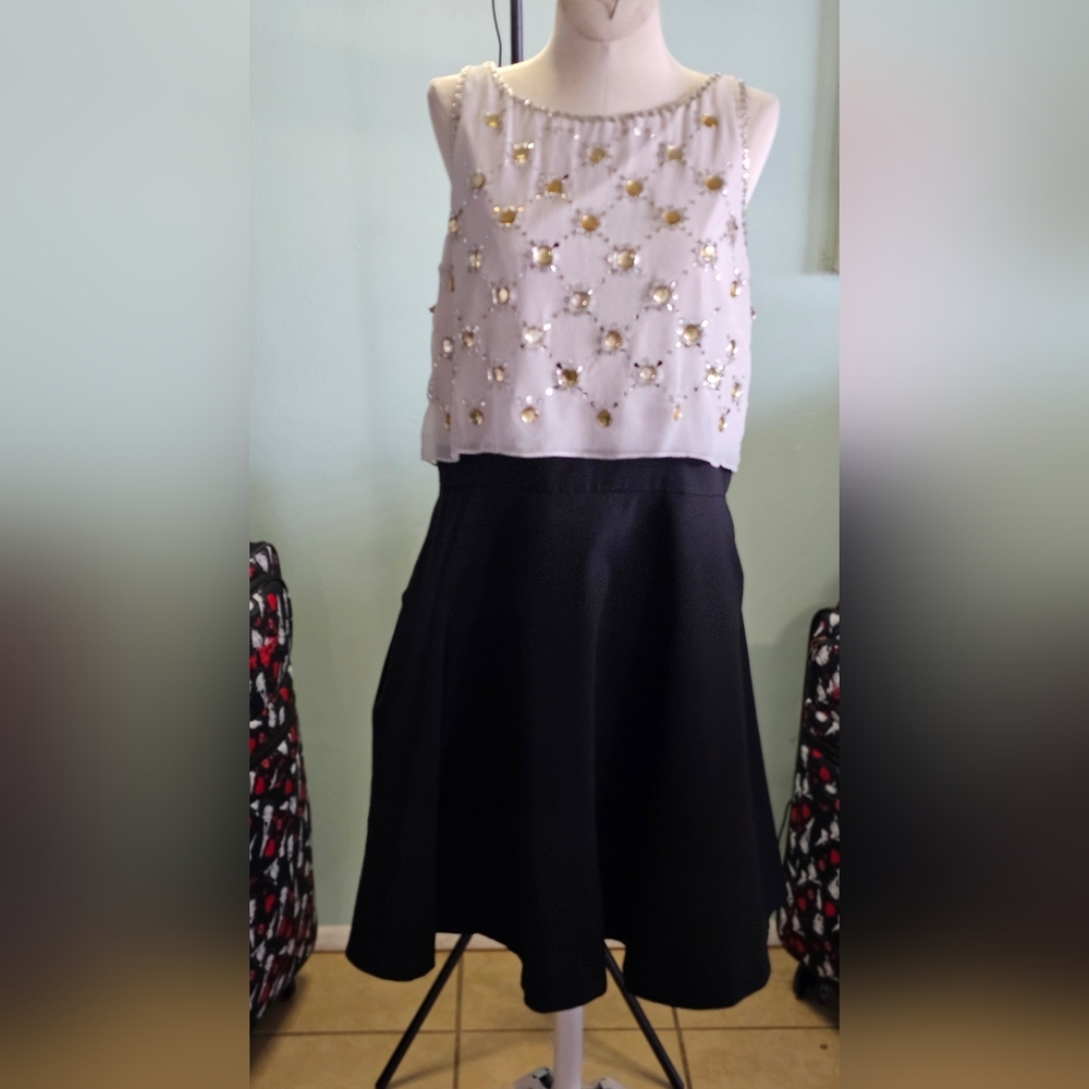 Aidan Mattox Beaded Silk Blend Cocktail Dress Black White Size 14